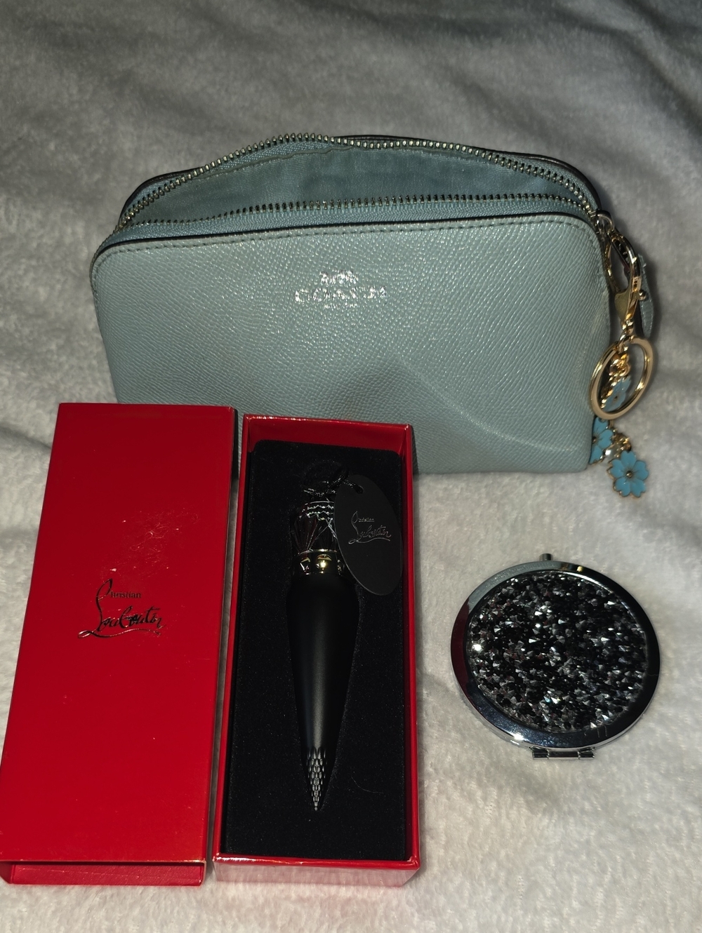 Coach Light Blue Pebbled Leather Cosmetic Bag With